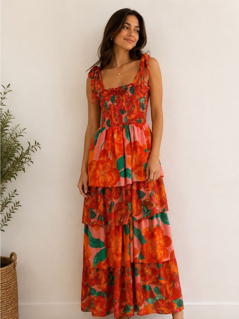 Crystal Doll Floral Smocked Tiered Maxi Dress Tie Strap Size Small
